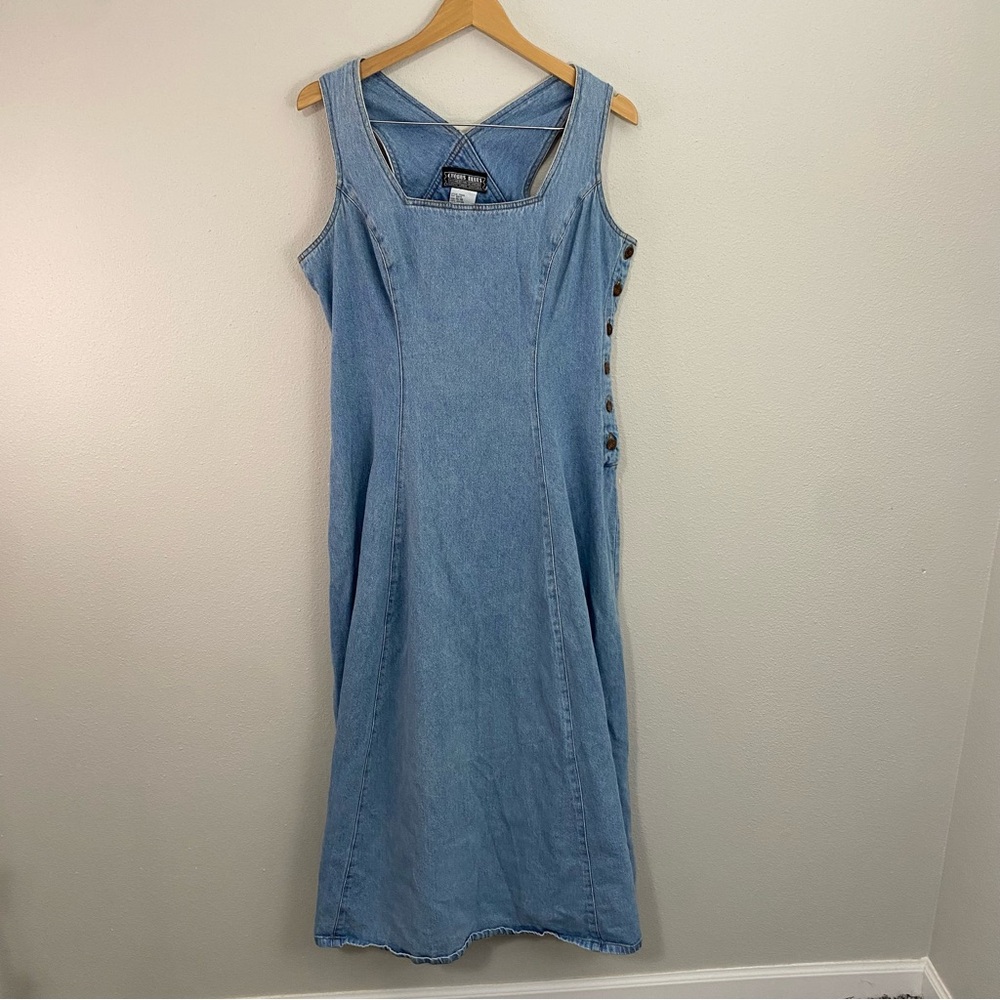 Vintage Chorus Blues Denim Maxi Dress Sleeveless Square Neck Button Up Sz‎ 15/16